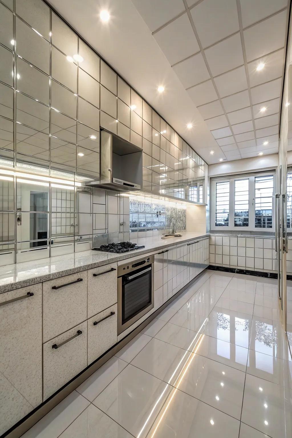 Mirrored tiles reflect light, illuminating this cooking area.