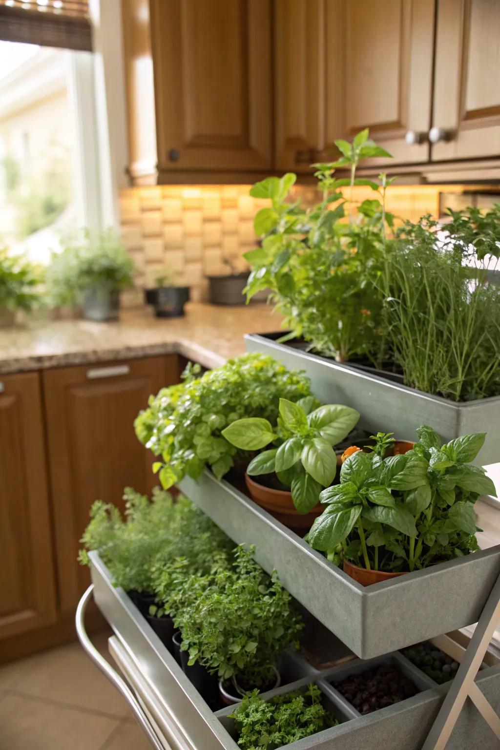 Cultivate an interior herb haven with layered planters.