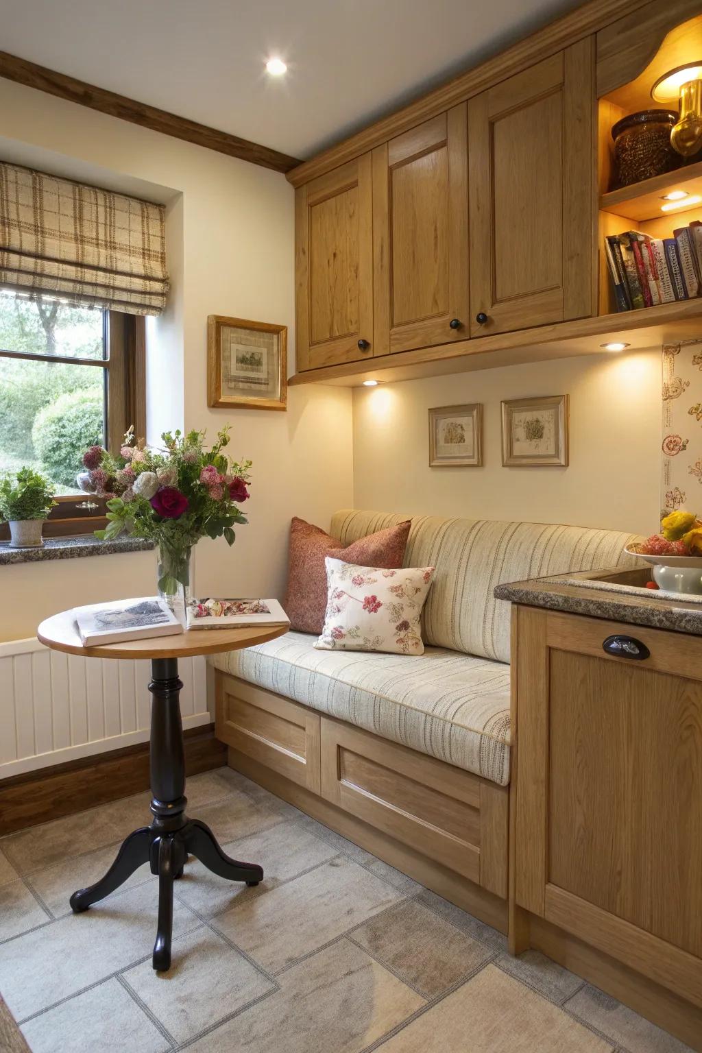 A kitchen corner transformed into a cozy nook with a compact sofa for relaxation.