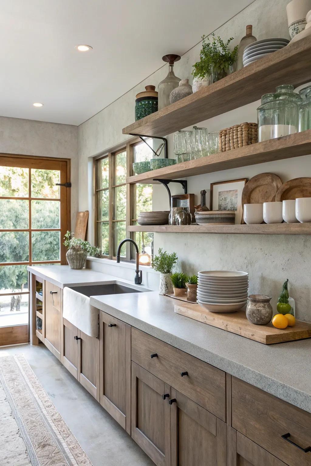 A functional kitchen with concrete countertops and stylish open shelving.