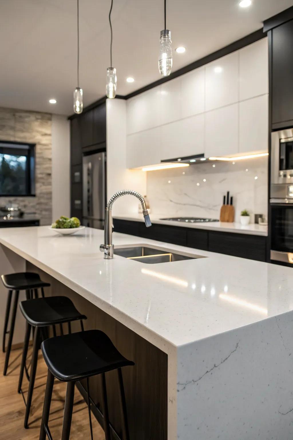Contemporary monochrome sorcery with quartz worktops.