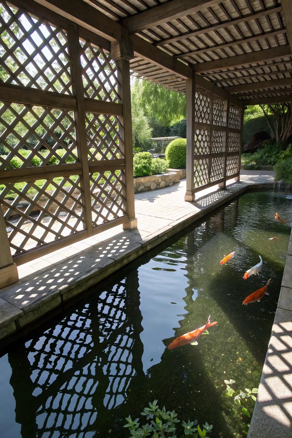 A koi pond showcasing lattice panels that cast a mosaic of light and shadow.