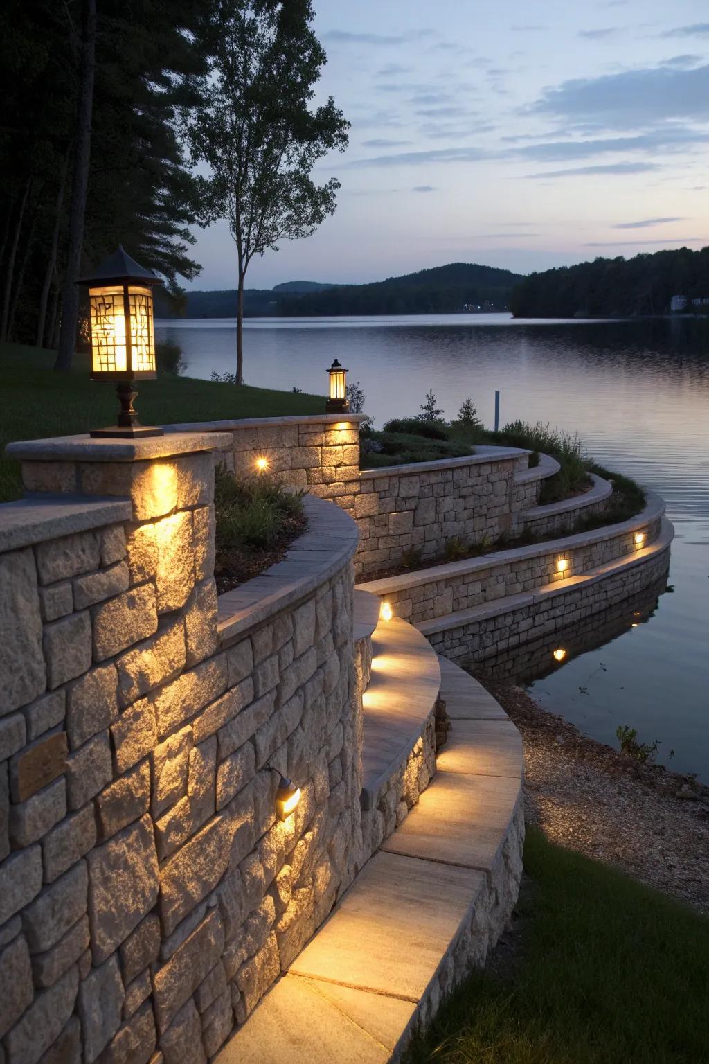 Transform your lakeside retreat with enchanting retaining wall lighting that combines craftsmanship and ambiance.
