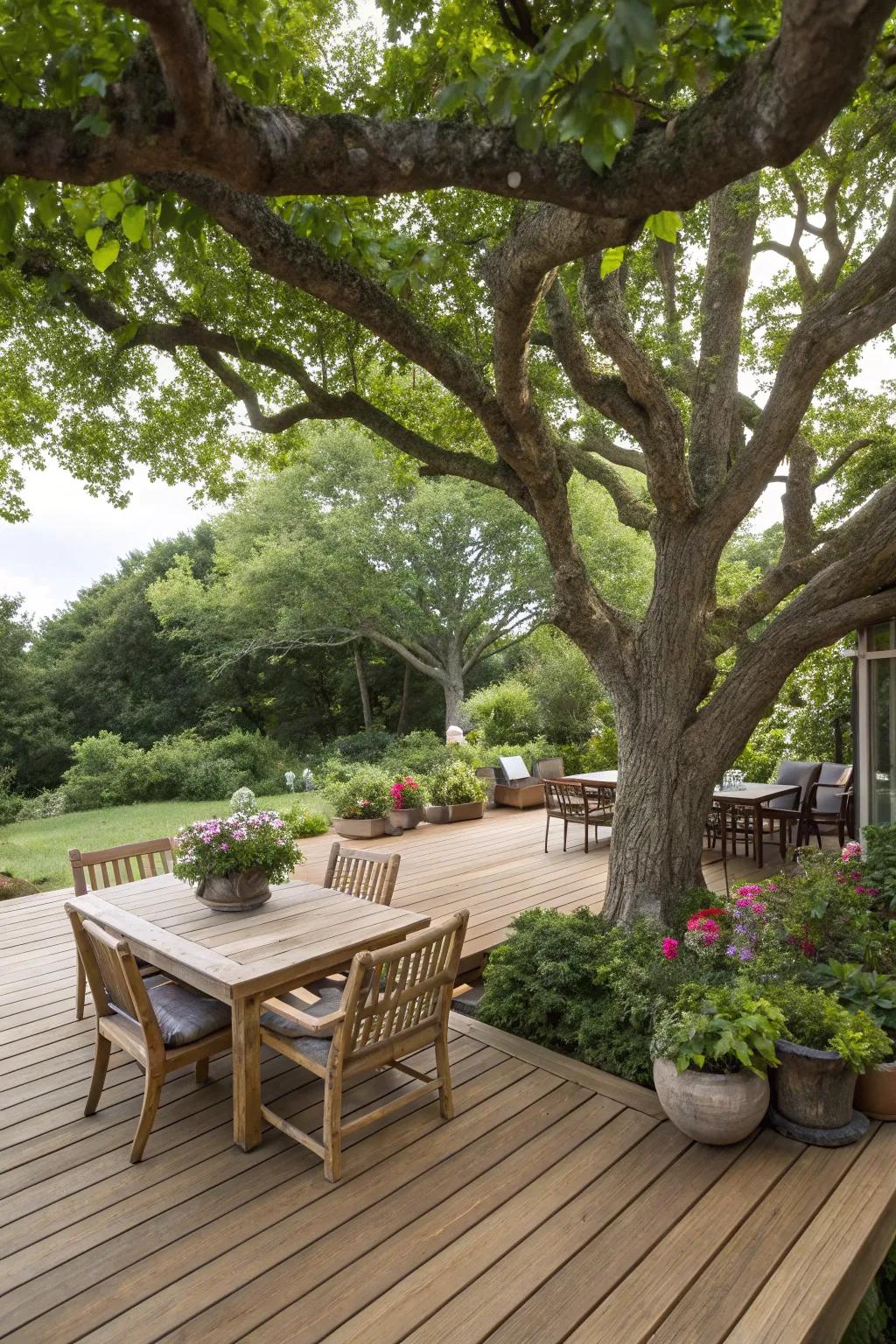 A tree can be the focal point of an inviting platform or terrace.