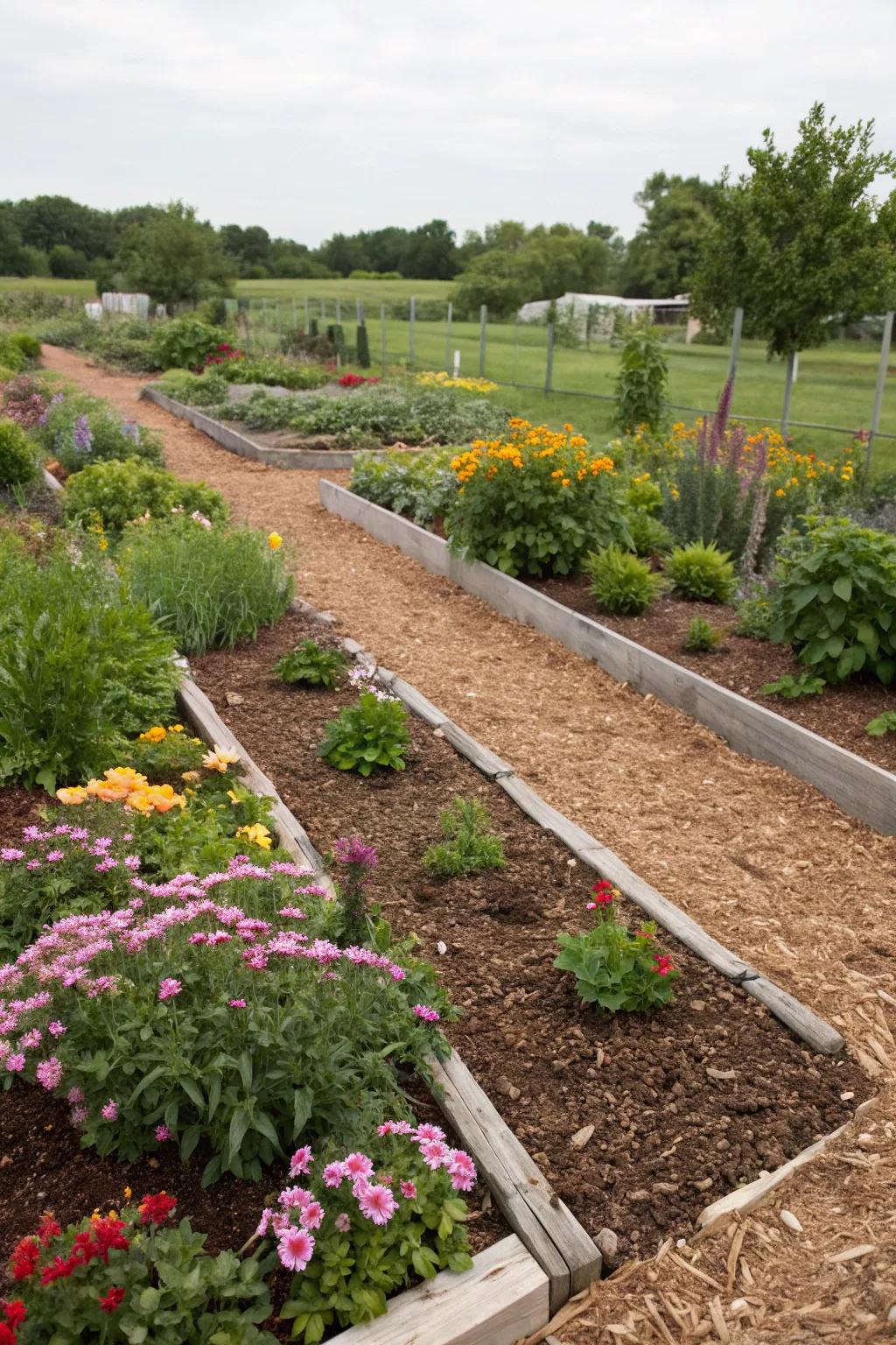 Define garden spaces with mulch borders.
