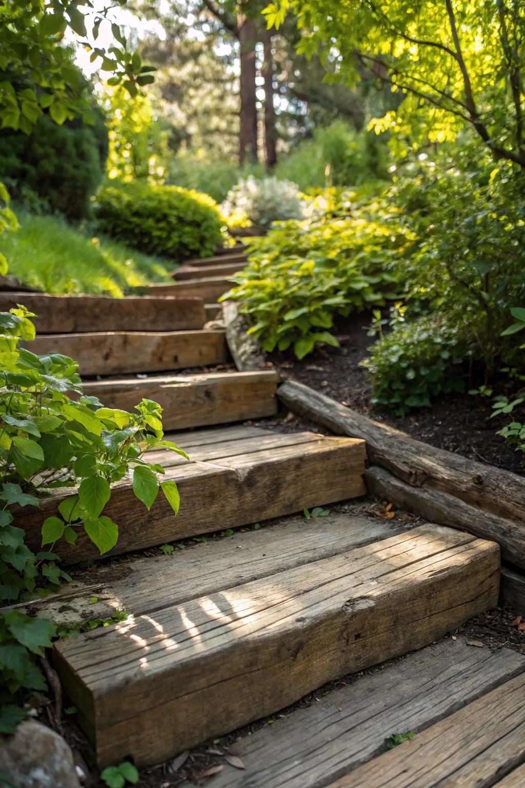 Step into serenity with these handcrafted timber steps, where nature meets craftsmanship.