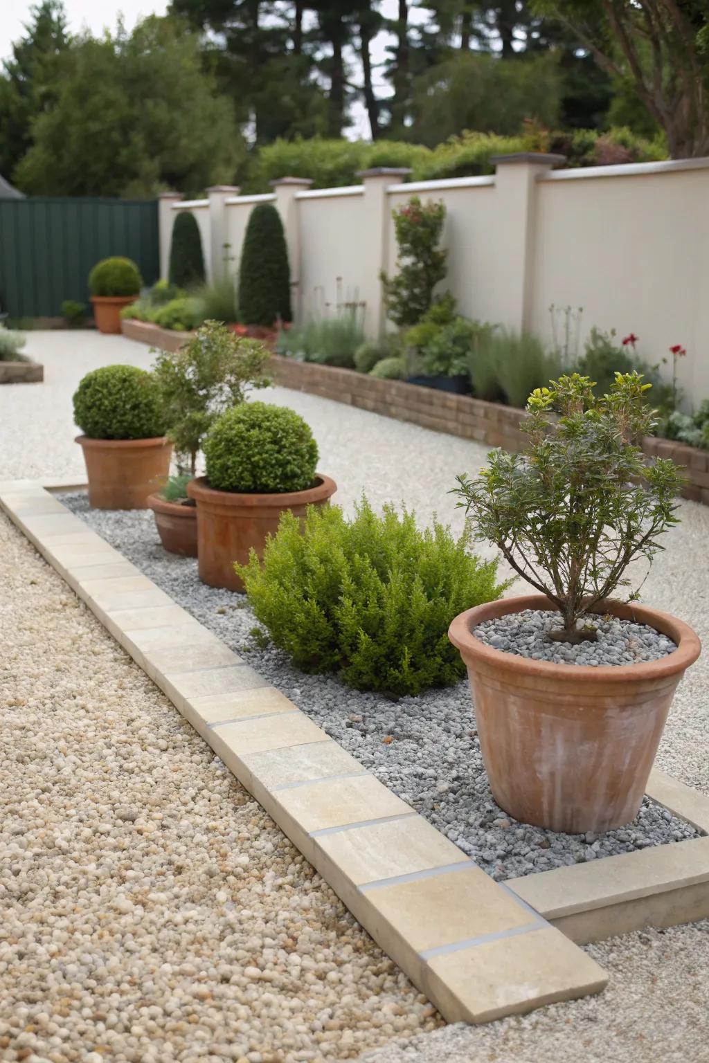 A gravel garden area with potted plants, offering a low-maintenance landscape option.
