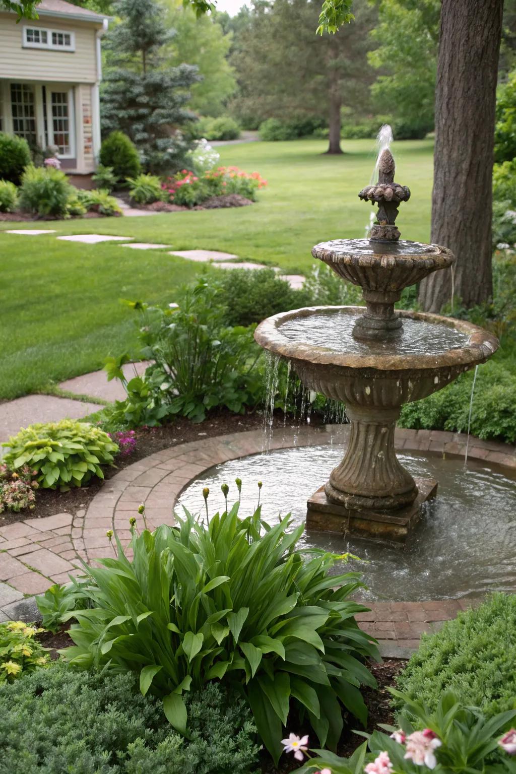A water feature introduces tranquility and sophistication to the yard.