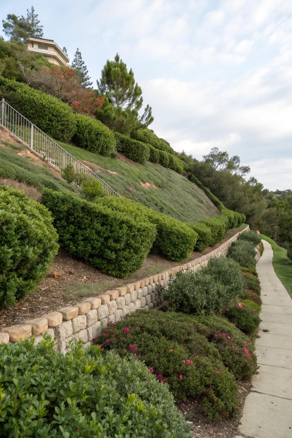 Indian hawthorn offers effective slope stabilization.
