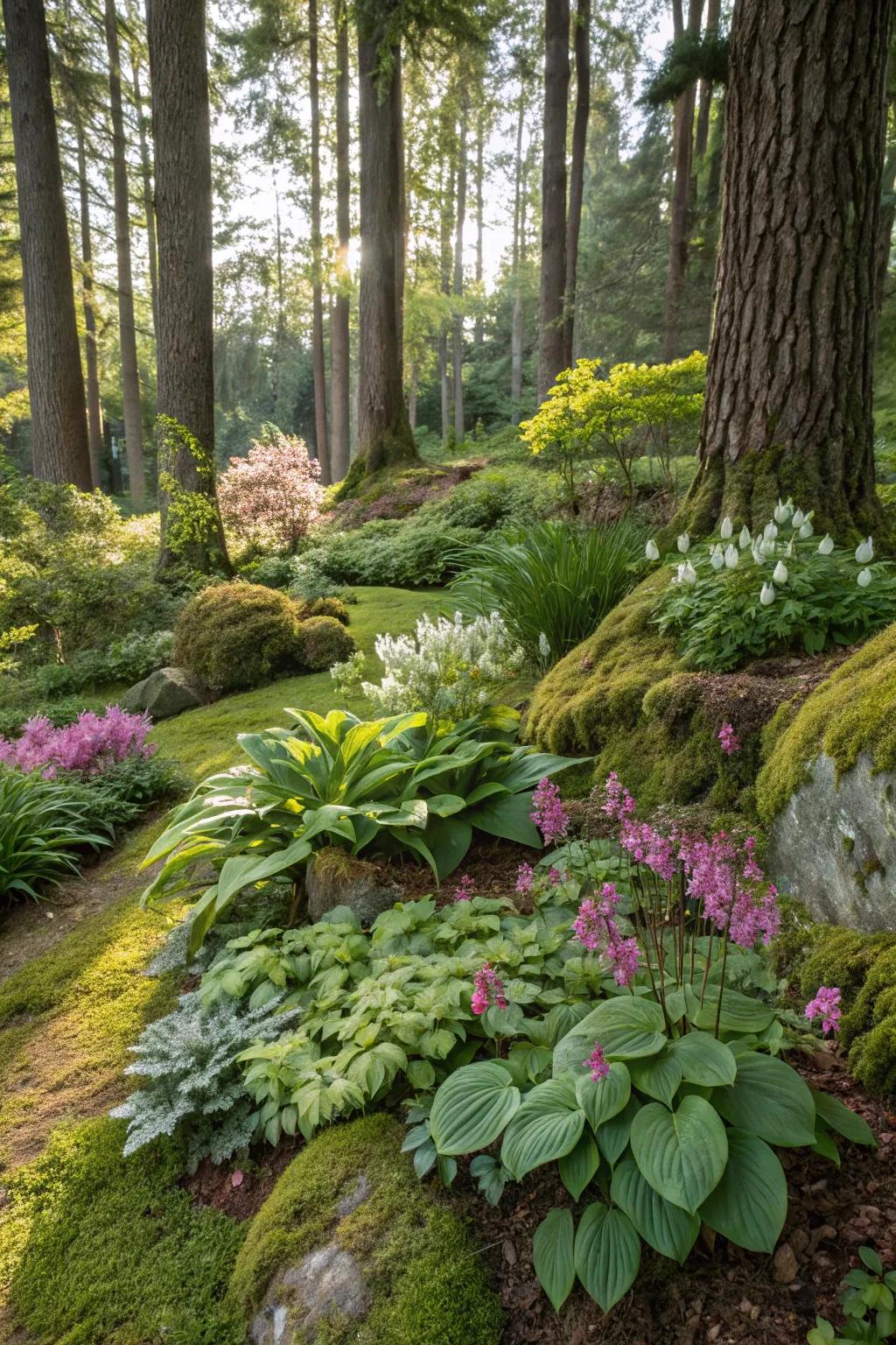 A bold shade garden adding complexity to the woods.