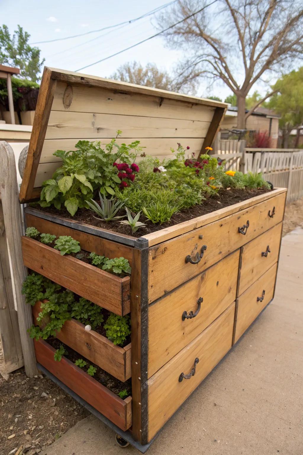 Old furniture can be creatively repurposed into lovely elevated gardens.