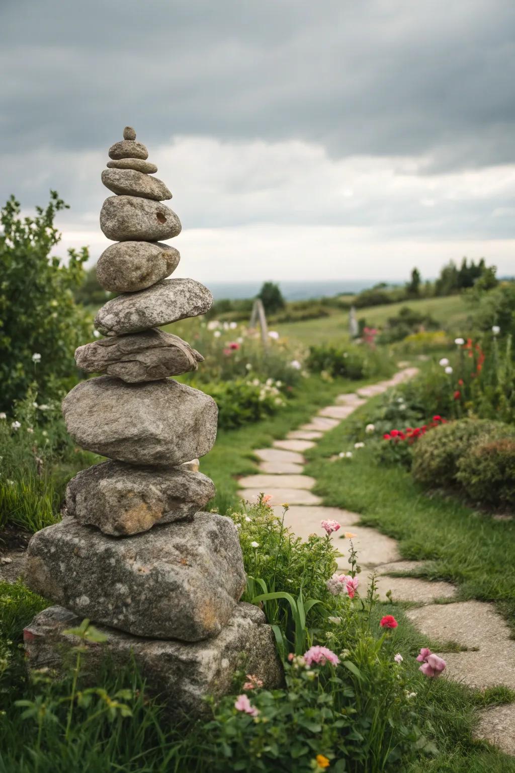 Rock sculptures introduce height and focal intrigue to gardens.