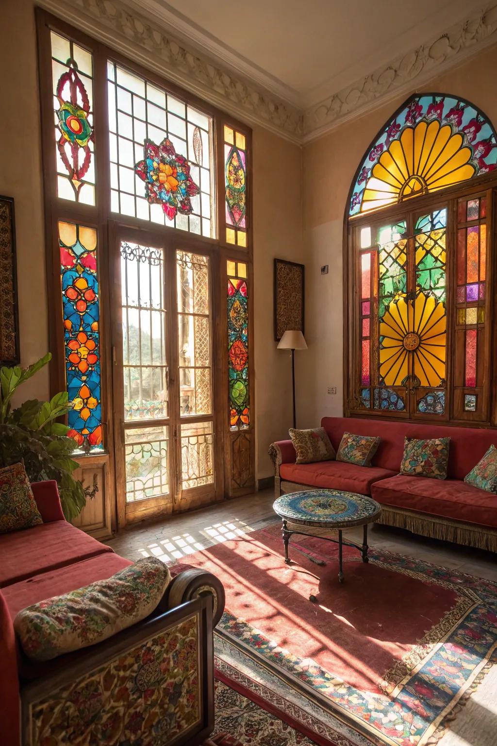 Stained glass windows casting colorful light onto the living room floor.