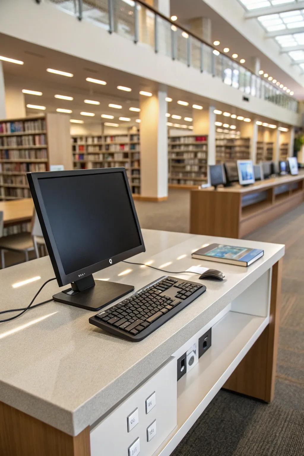 A modern library desk fitted with integrated technology, perfect for tech-savvy users.