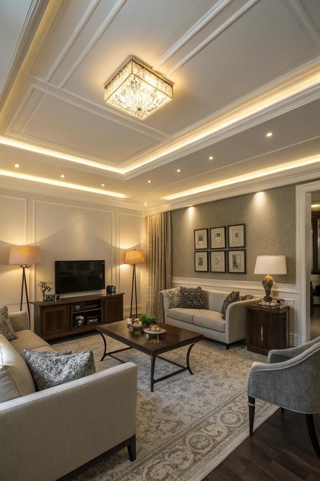 Contrasting overhead area and crown molding for visual interest.