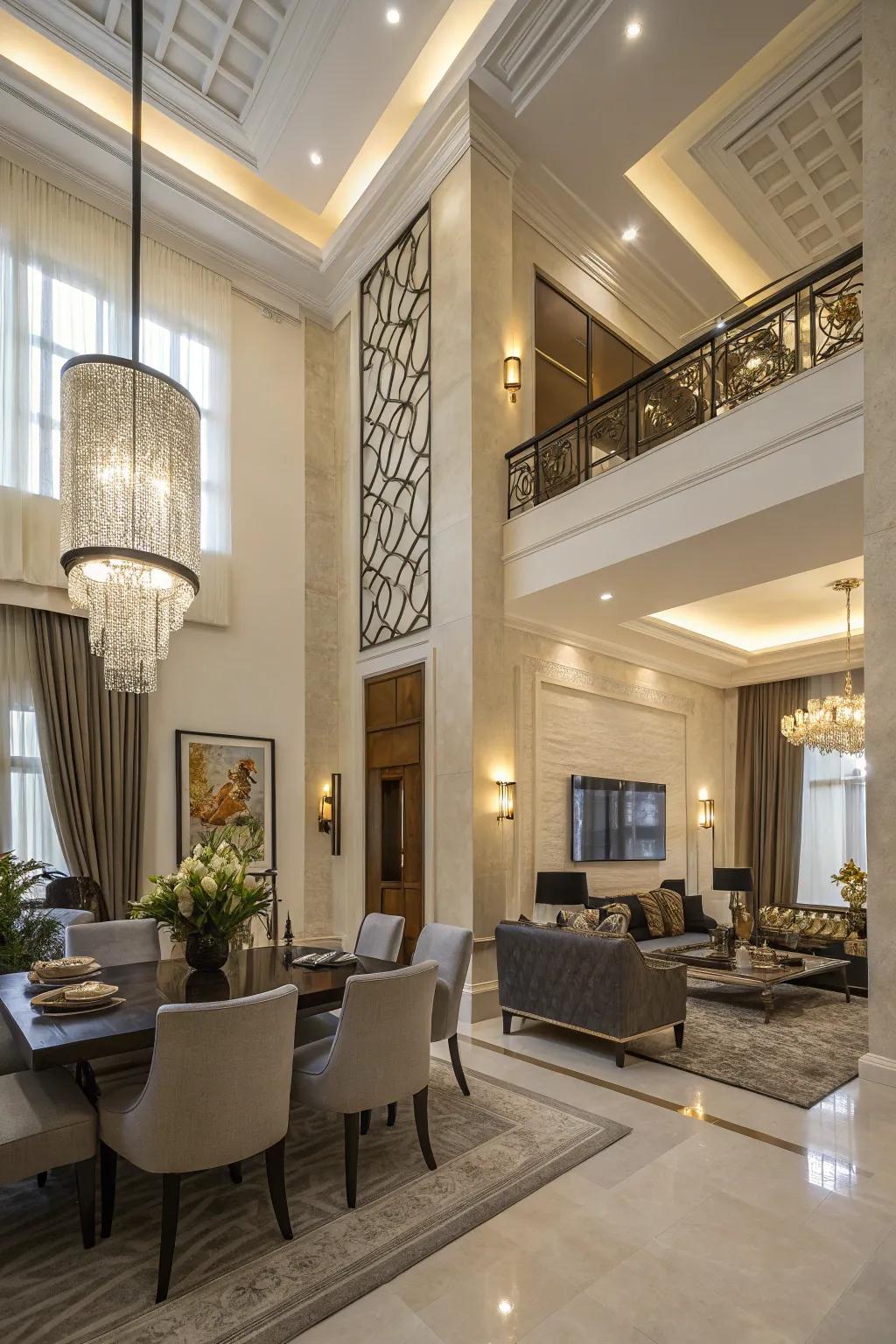 Elongated features accentuate high ceilings, adding a sense of space.