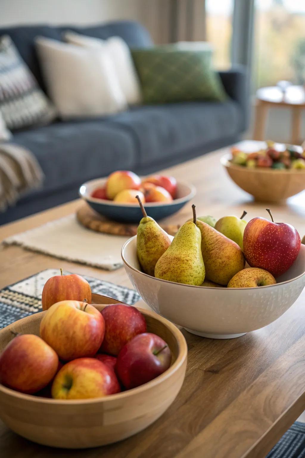 Apples and pears as edible décor add beauty and usefulness to the space.