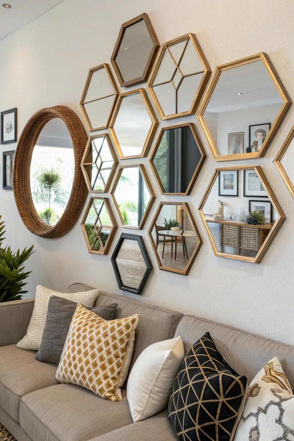 Introduce modern elegance with geometric mirrors.