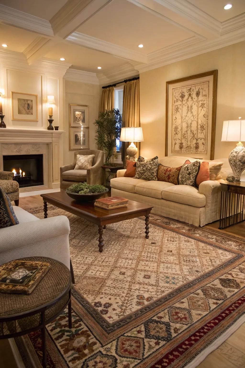 A living room with layered rugs, adding warmth and sophistication.