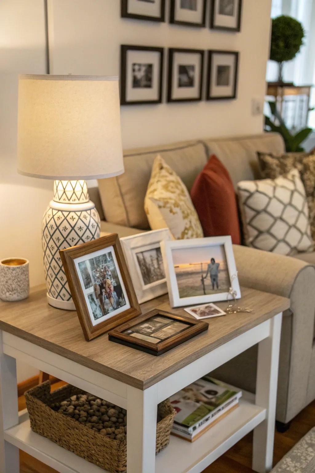 Personal decor adds a unique charm to side tables.