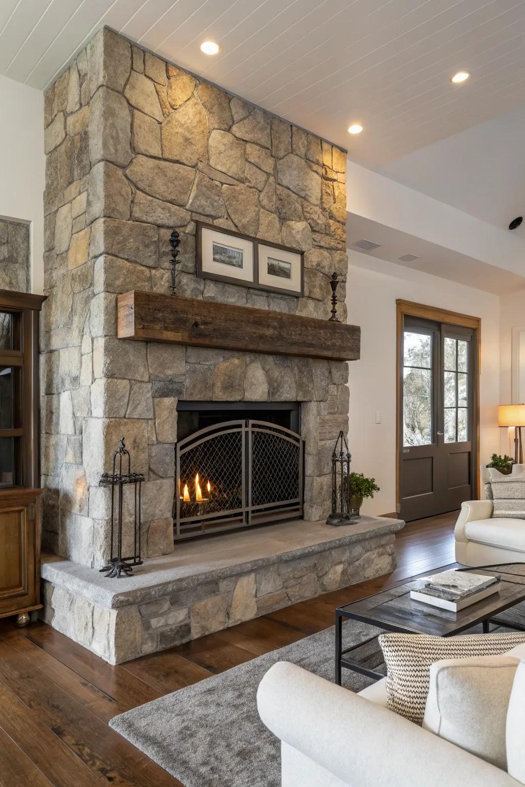 Metal complements carry a contemporary edge to a stone chimney.