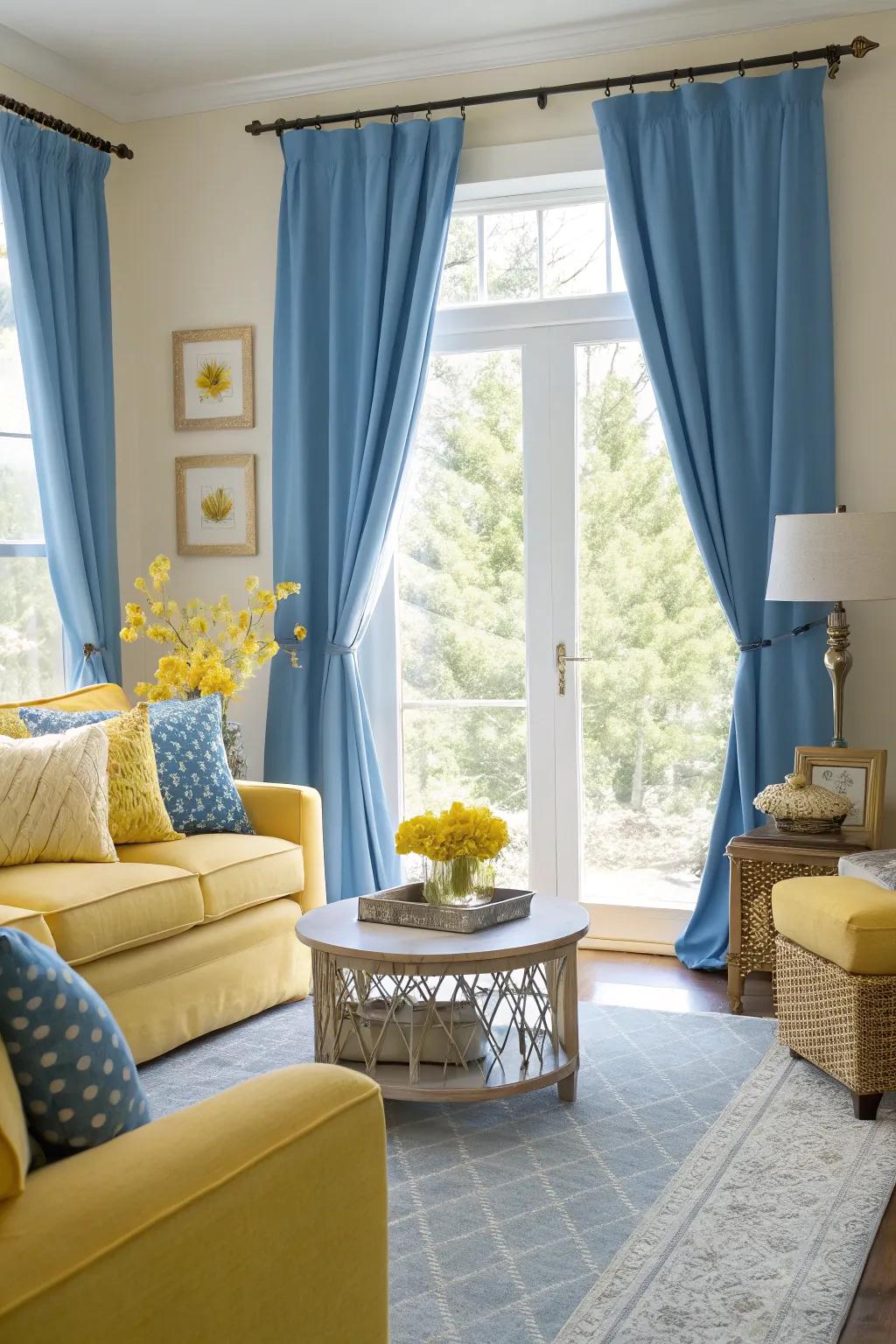 Gold embellishments add a cheerful contrast to sky-tinted drapes, fashioning an energetic and sunny living space.