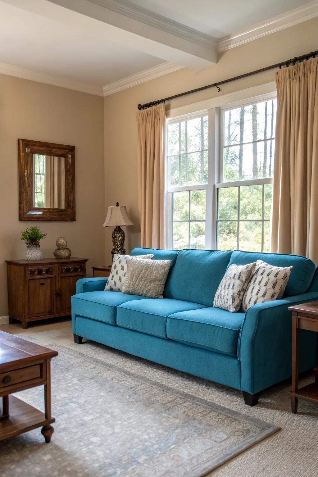 A bold-colored couch can become a stunning centerpiece in a neutral living room.