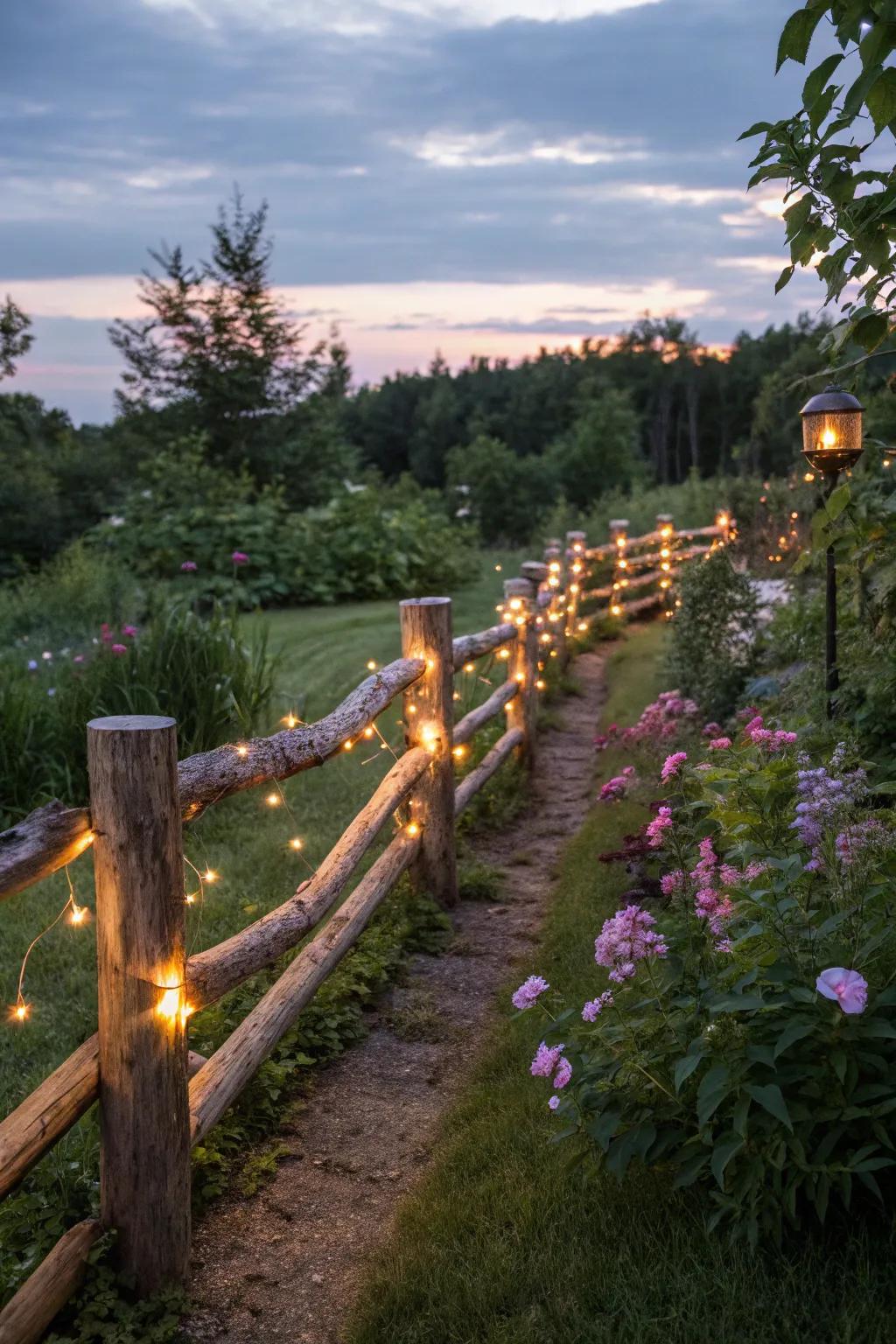 Illuminate your garden with lights on your log fence.