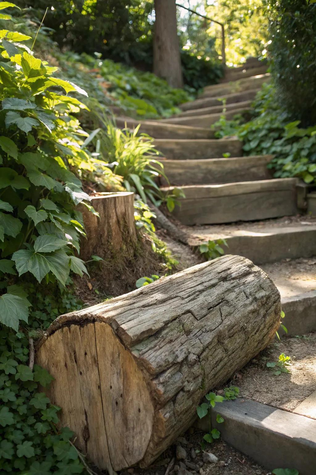 Elevate your garden's charm with rustic log steps.