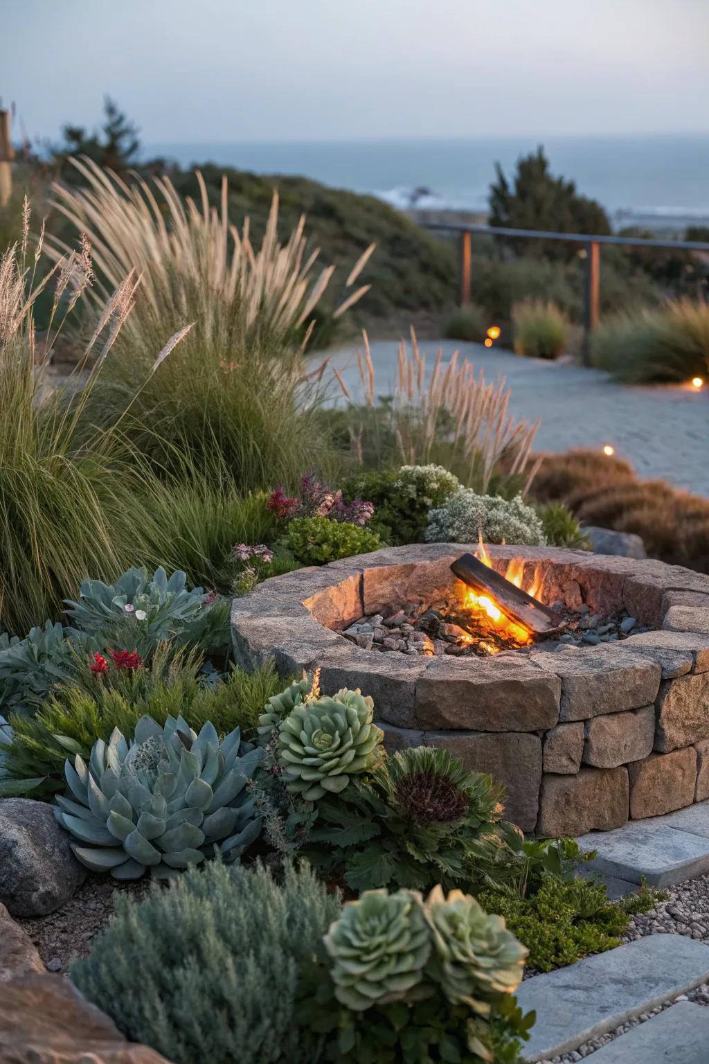 Craft a captivating outdoor retreat with a stone fire pit and lush, fire-resistant greenery.