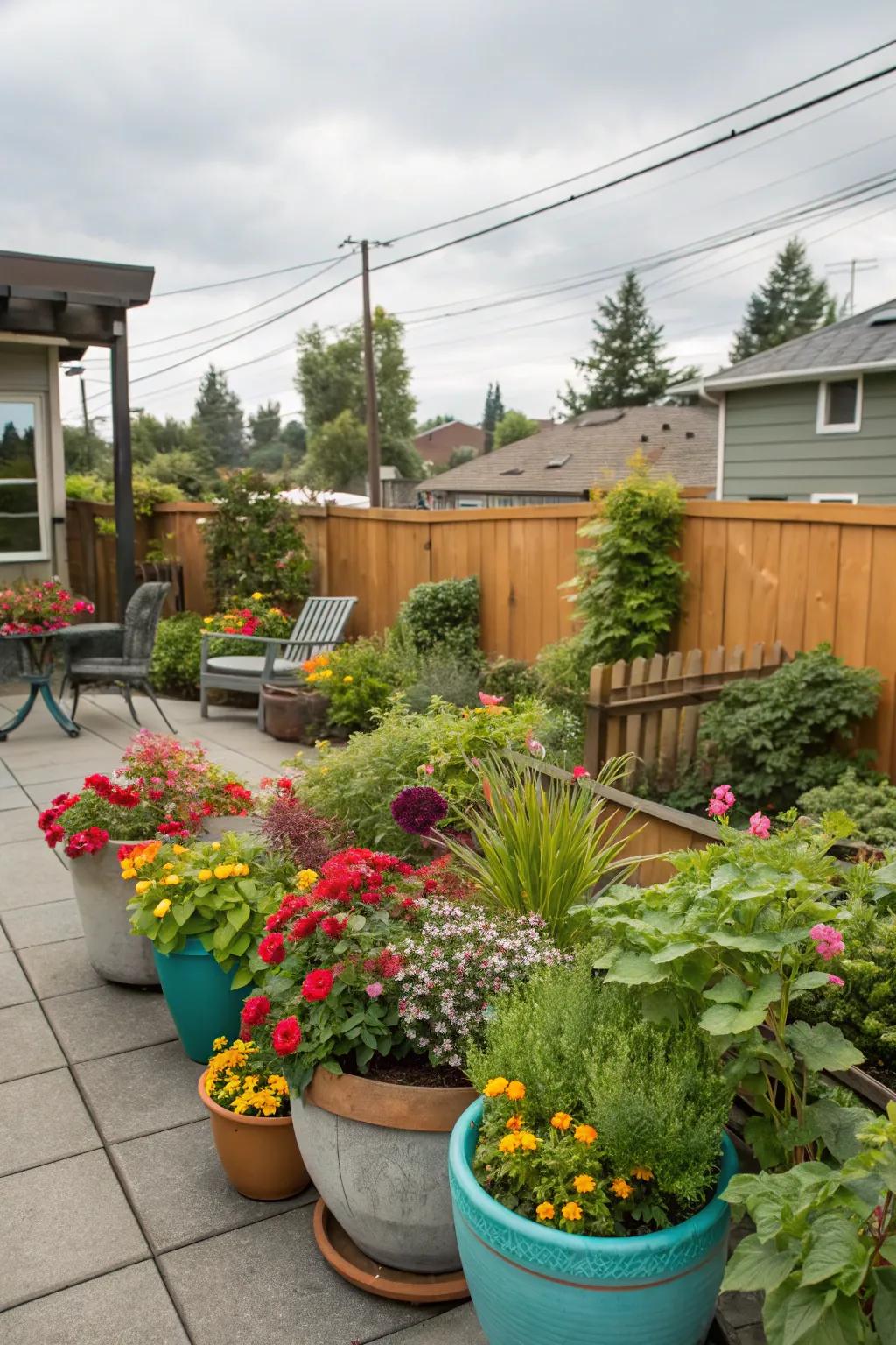 A vibrant container garden in Portland adds color with little effort.