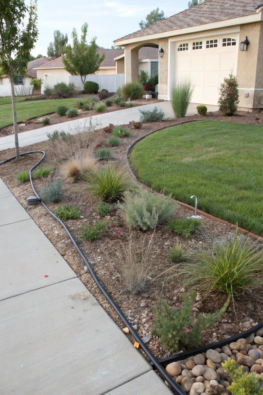 Slow-release watering ensures efficient hydration in a xeriscape yard.