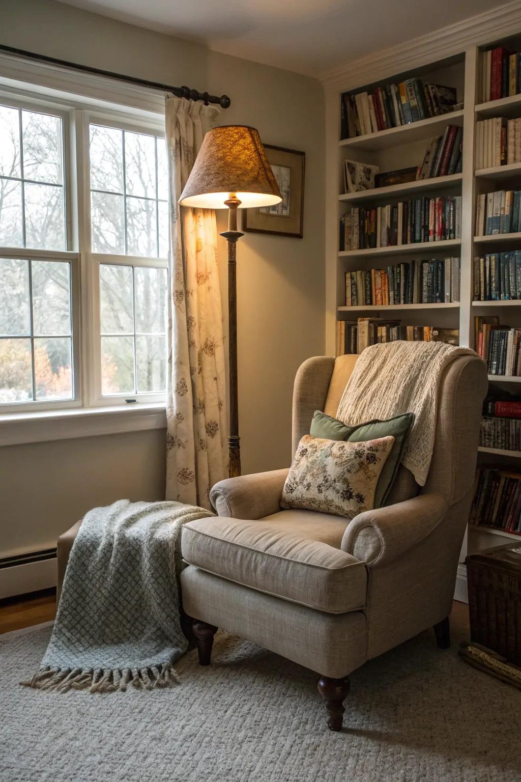 A cozy reading nook offers a perfect escape in this tranquil living room.