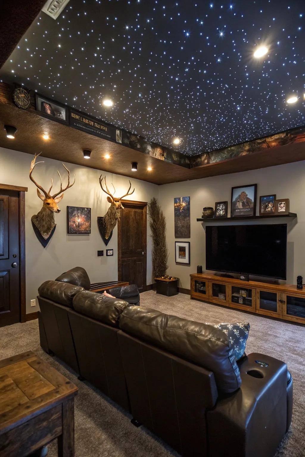 A creative ceiling design replicates a starry night in this man cave.