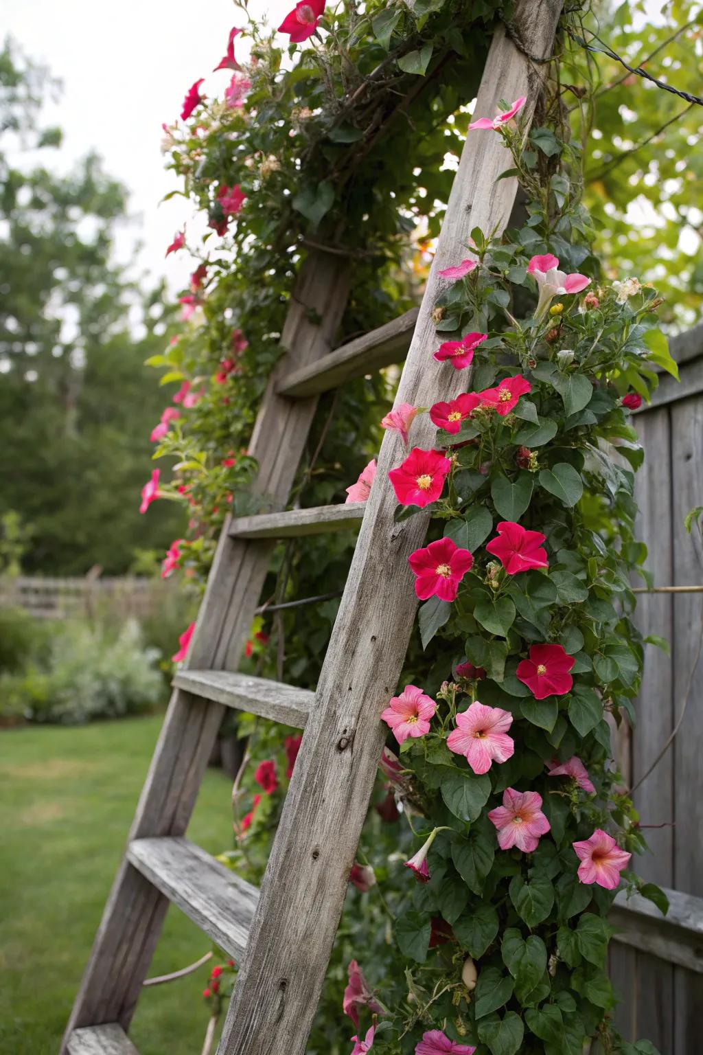 A repurposed ladder serves as a country trellis for blossoming tropical trumpet.