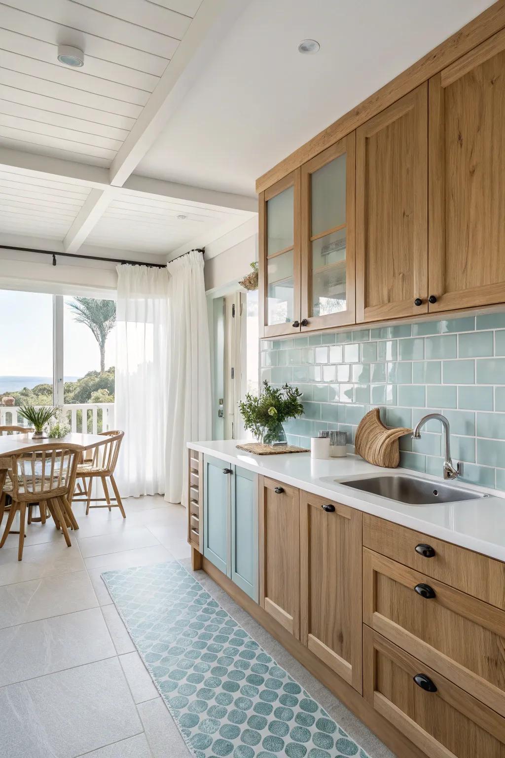 A coastal-inspired kitchen with maple cabinets creating a refreshing atmosphere.