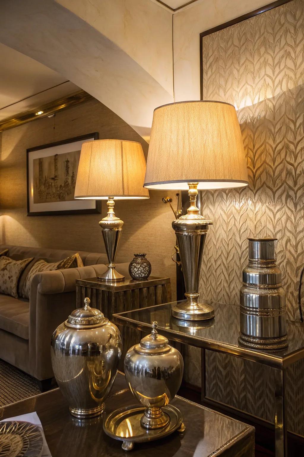 Metallic accents append a sophisticated shimmer to the den.