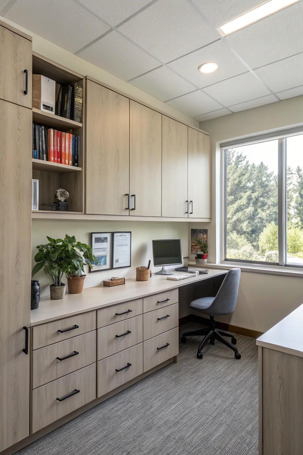 Smart storage solutions ensure your office stays organized and functional.