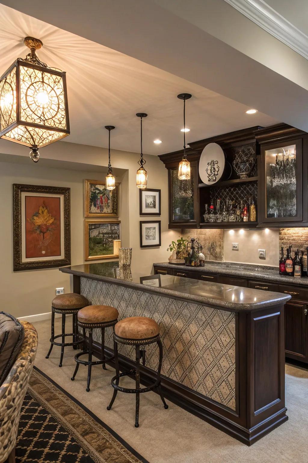 Artistry and ornamental pieces personalize and elevate a domestic bar arrangement.