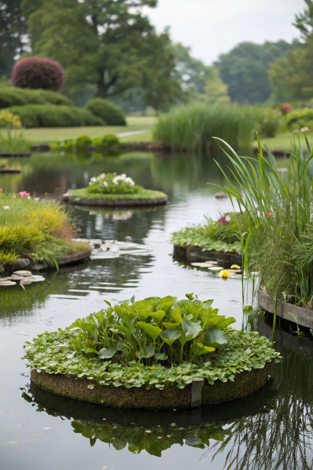 Bobbing greenery islands amp up the charm of a mini pond.