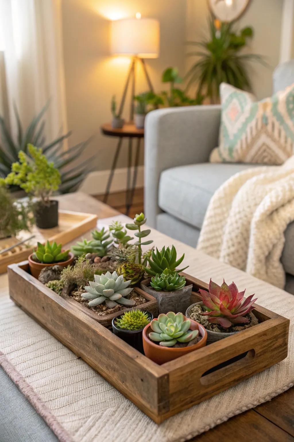 A succulent-packed tray brings warmth to any table.