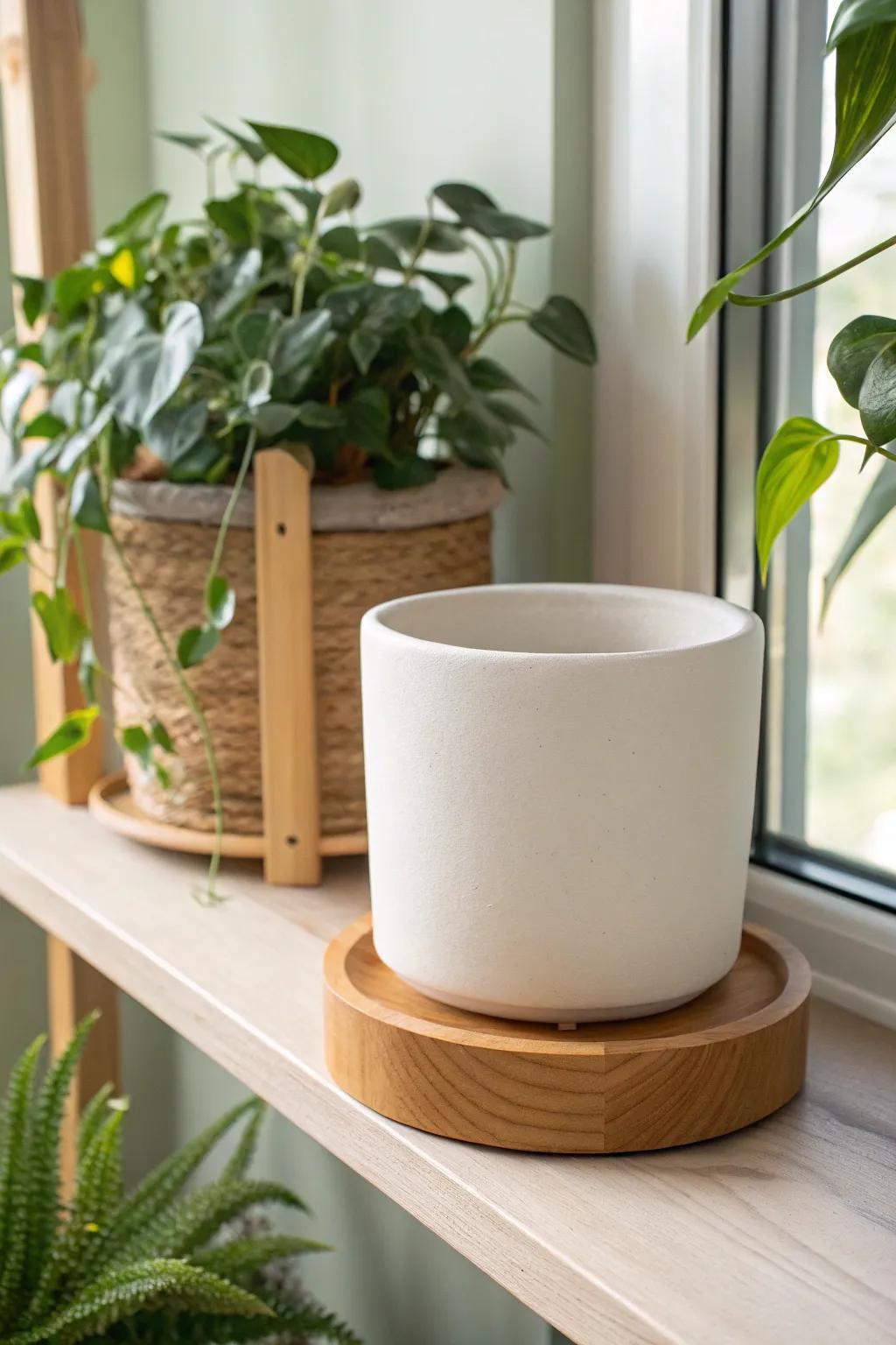Elevate your decor with the perfect blend of natural and modern—ceramic planters with wood accents for a timeless touch.