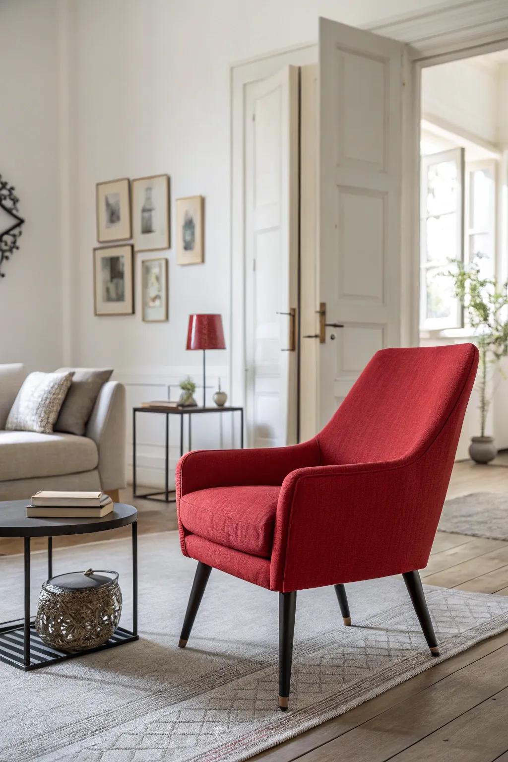 A striking accent piece adds intrigue to a minimalist living area.