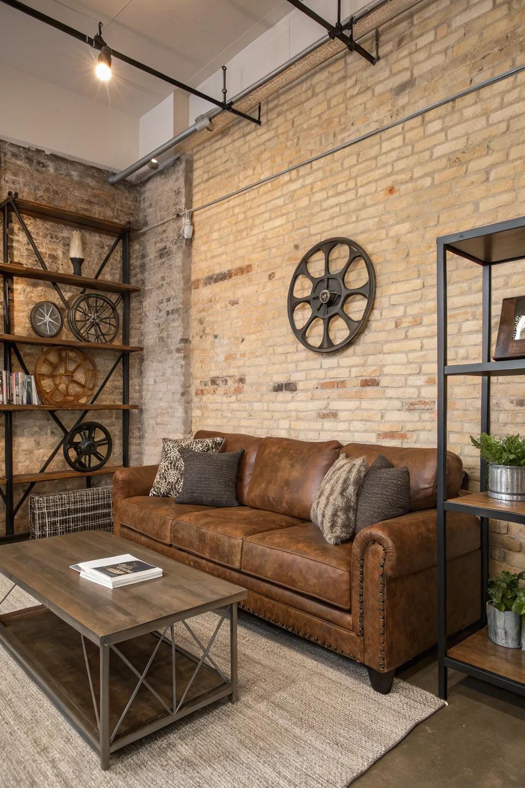 Industrial elements add a trendy edge to the cacao sofa area.
