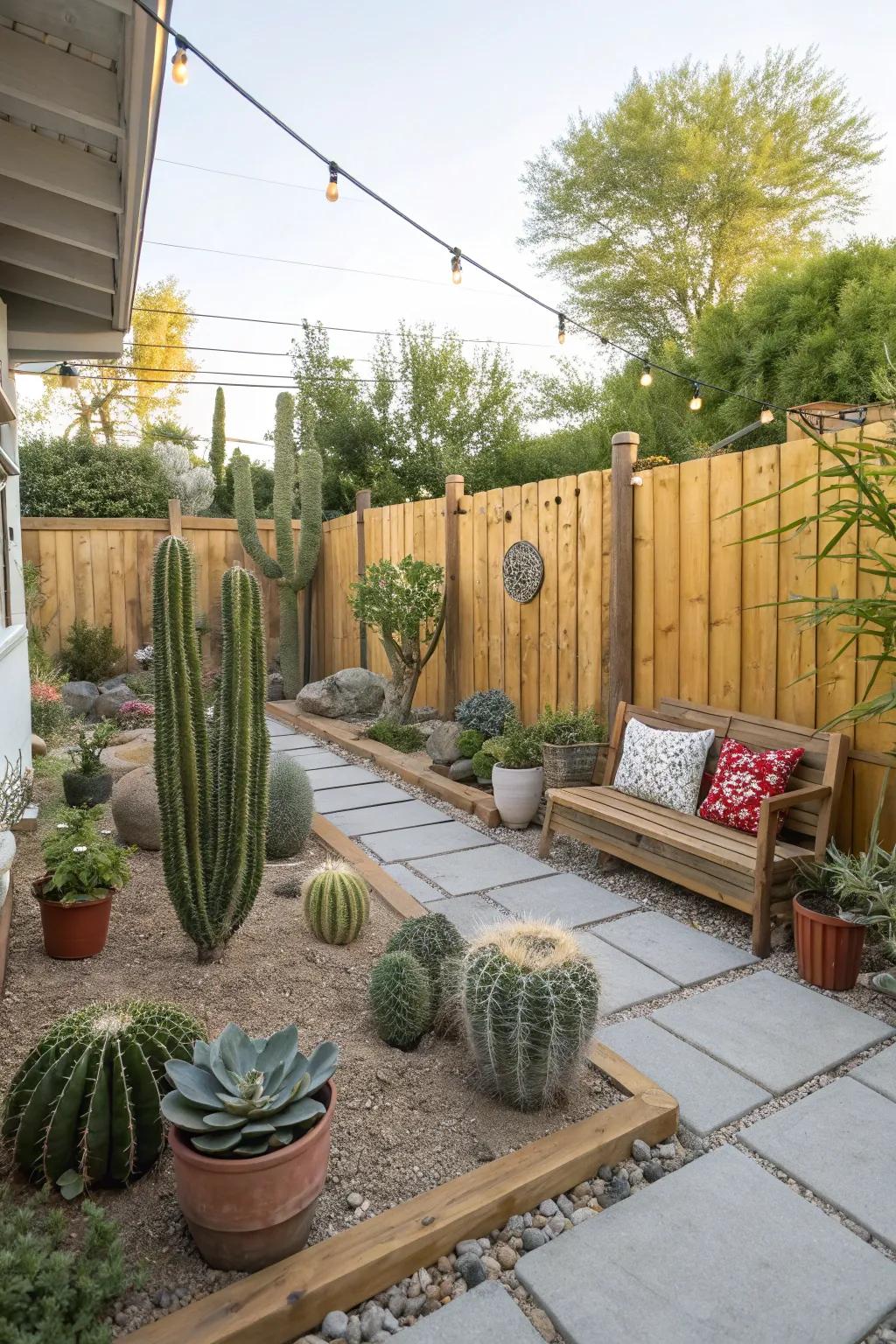 A cozy nook featuring a striking cactus garden in a backyard.