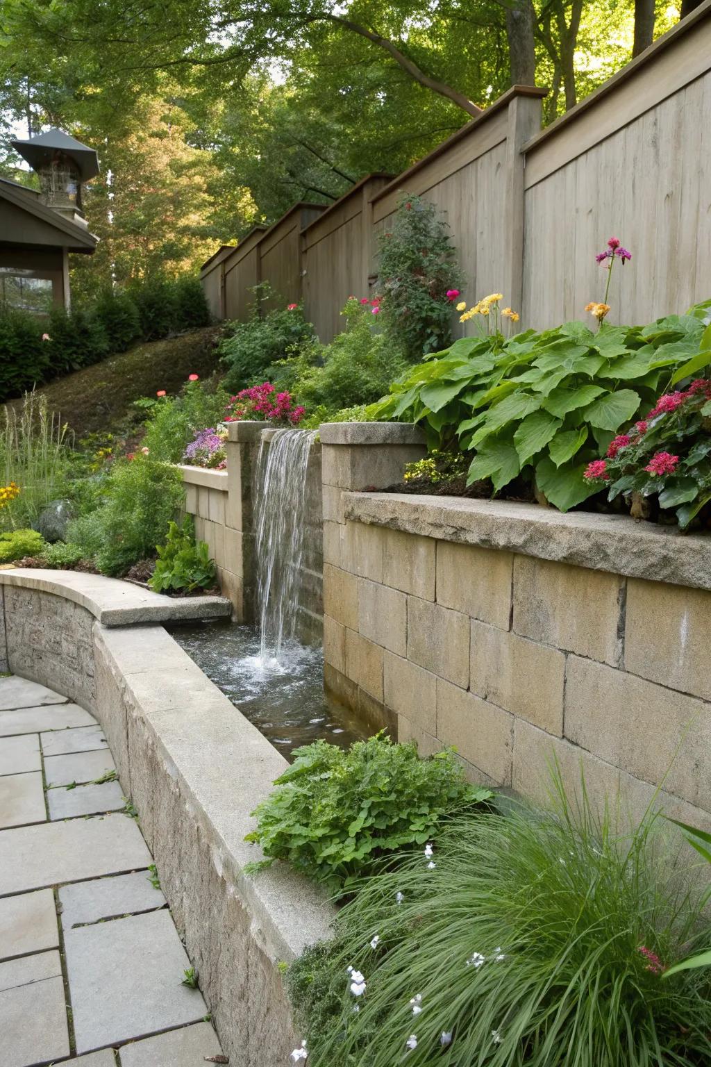 Concrete wall with a cascade, appending tranquility to the garden.