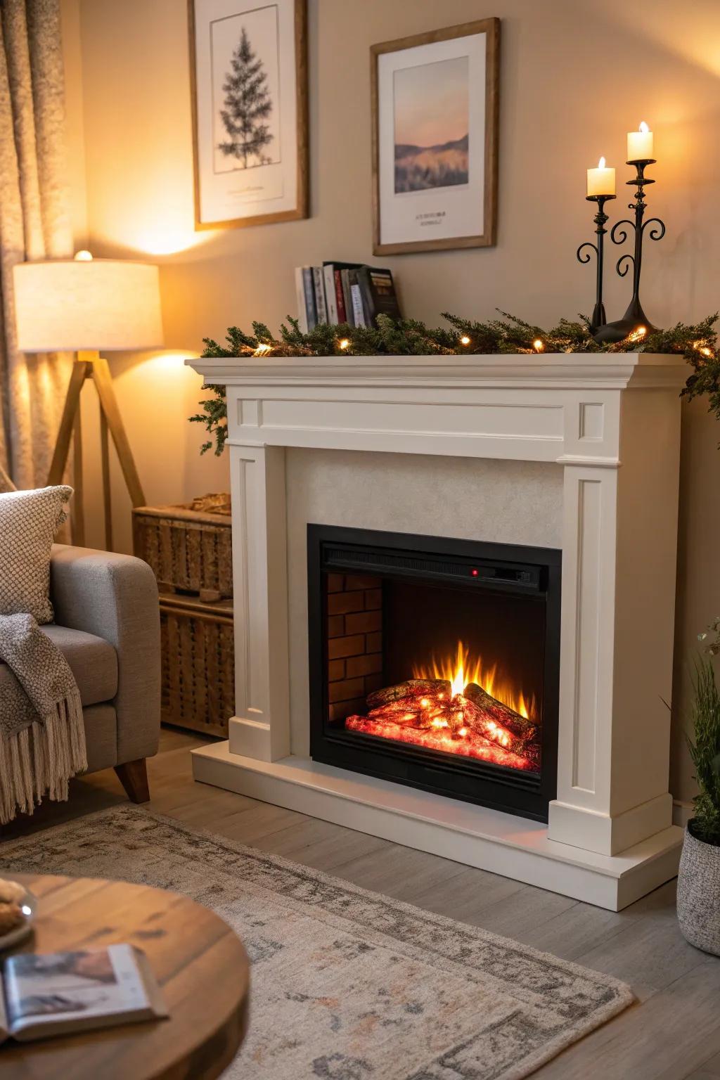 An electric fireplace utilizes advanced LED technology to create realistic flame effects.