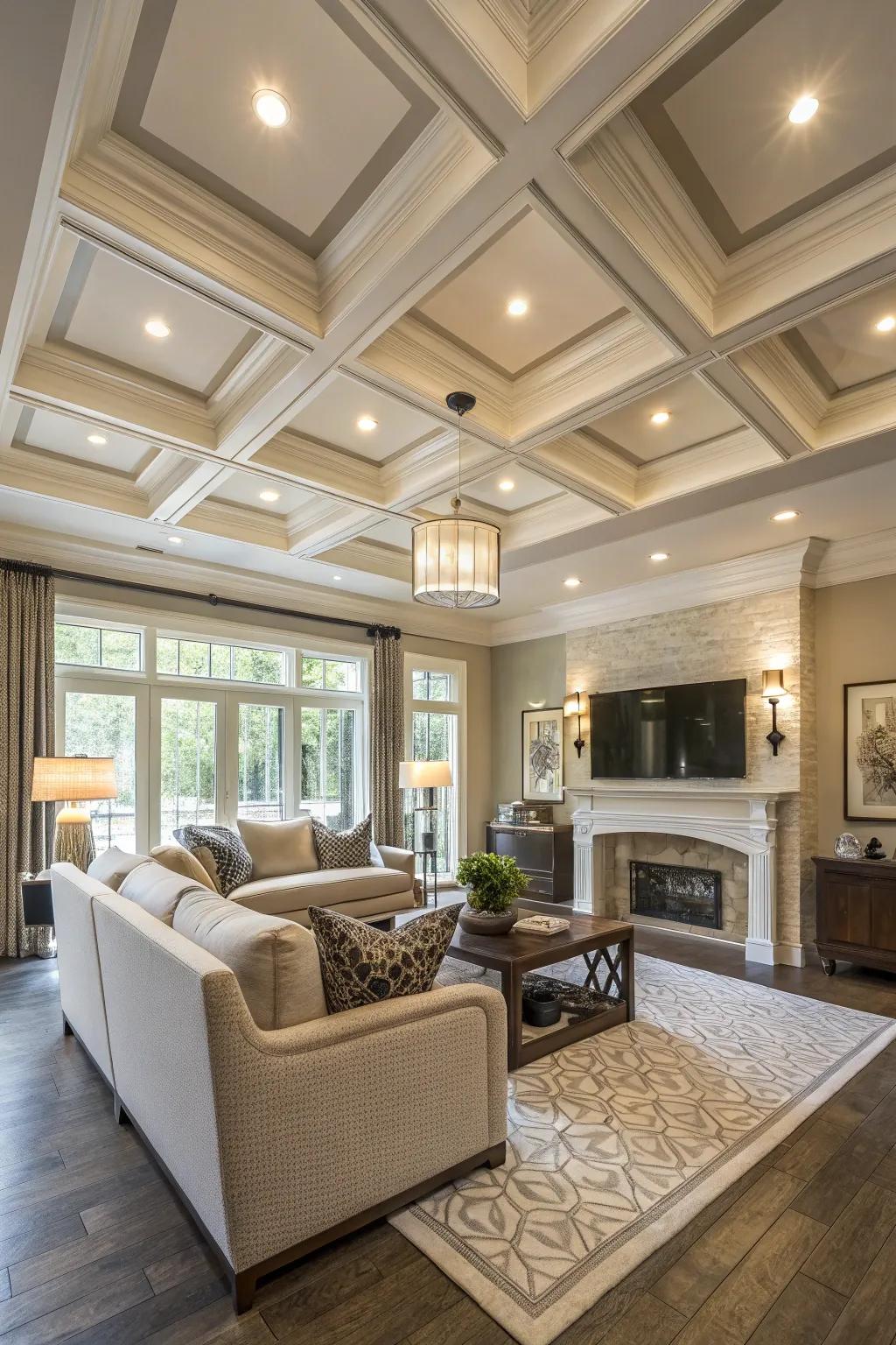 An intricately designed ceiling that adds architectural interest to a modern family room.