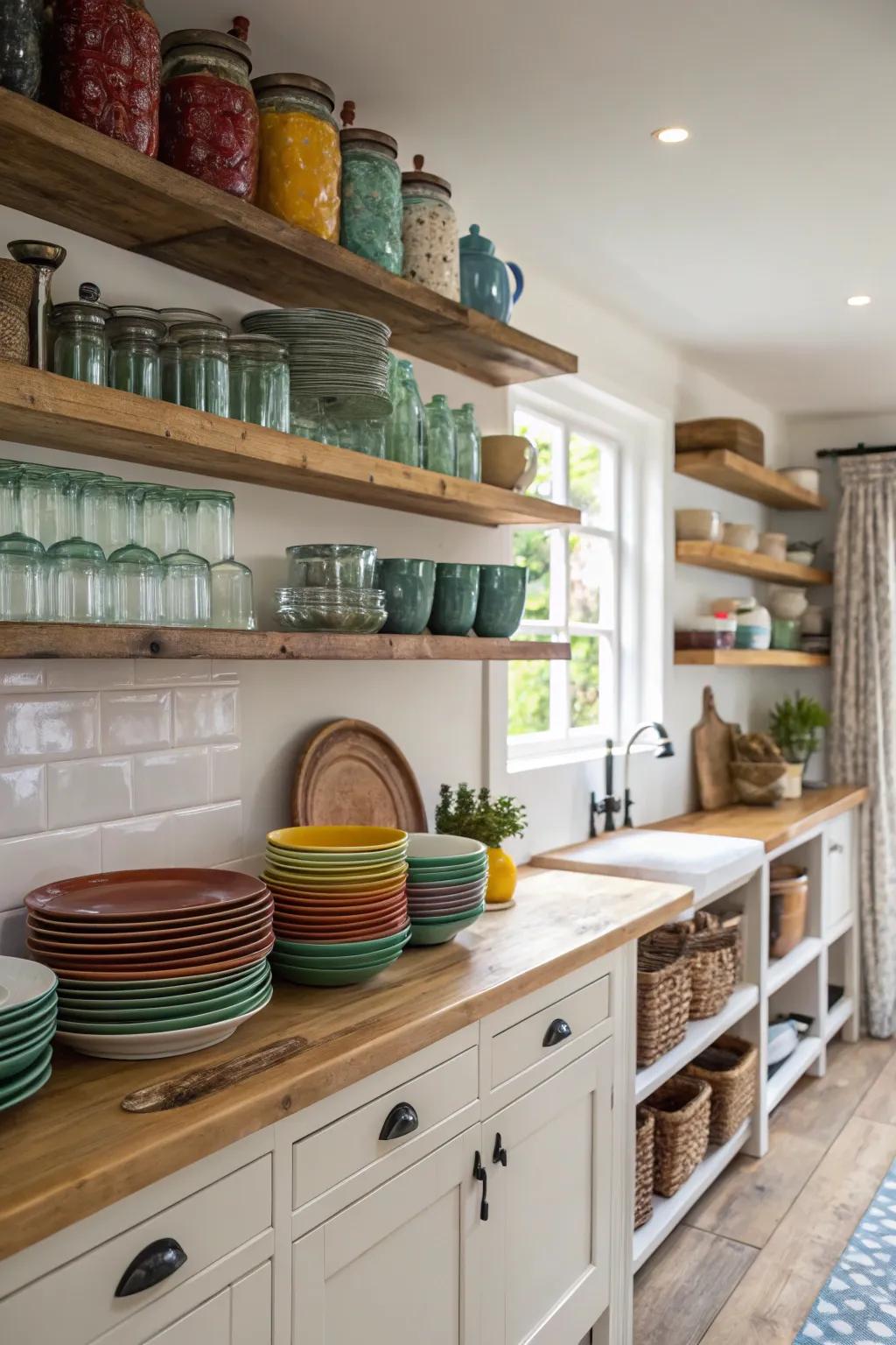 Exposed shelving injects persona and practicality into this farmhouse kitchen.