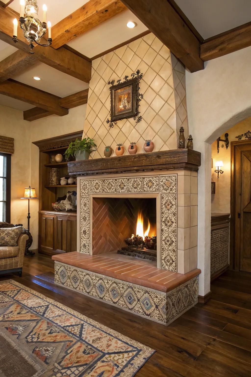A fireplace featuring charming handcrafted-look tiles.